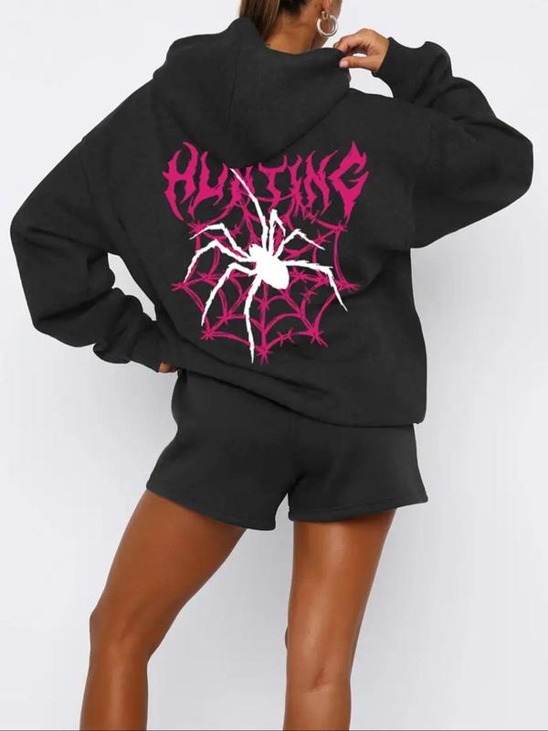 Women's Spider Web & Spider Print Hoodie, Casual Letter Print Hooded Sweatshirt for Daily Wear, Fashion Women Clothing...