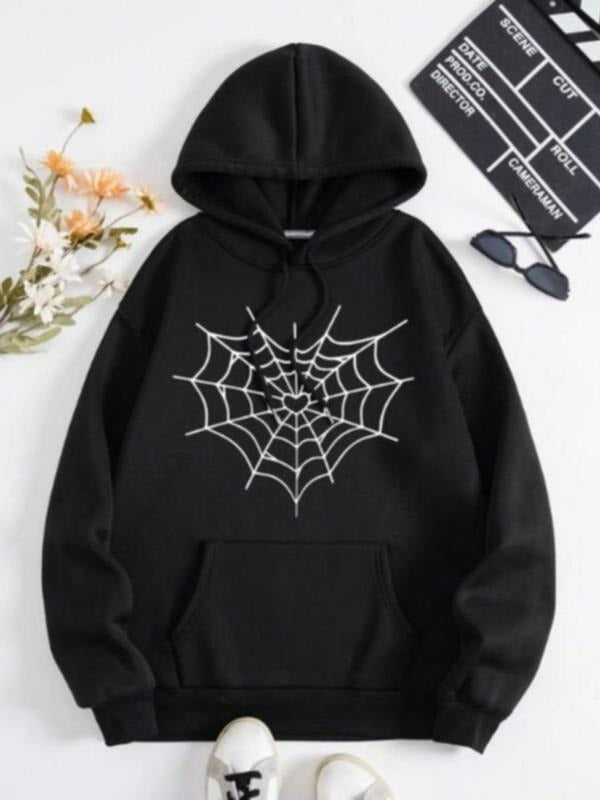 Women's Spider Web Print Drop Shoulder Hoodie, Spider Hoodie, Fashion Casual Drawstring Pocket Hooded Sweatshirt for...