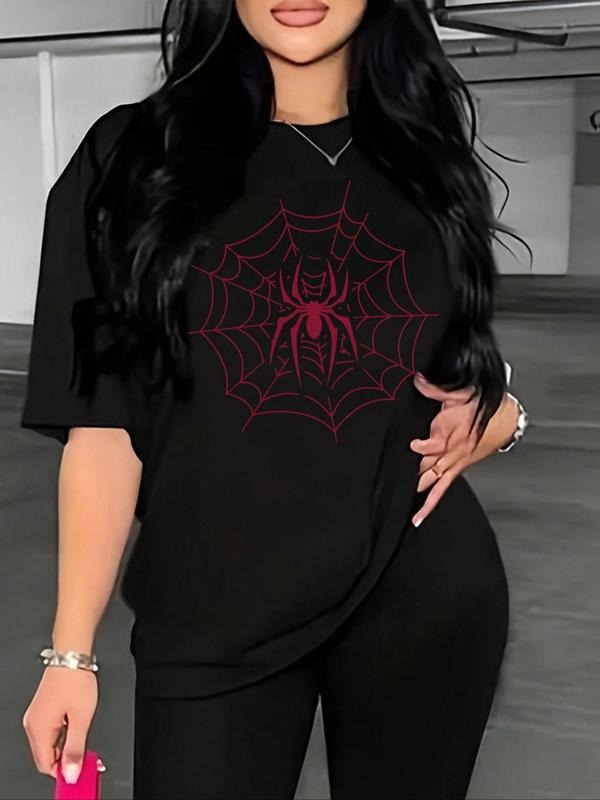 Women's Spider Web Print Round Neck Tee, Casual Short Sleeve Crew Neck T-shirt for Summer, Fashion Women's Top for Daily...