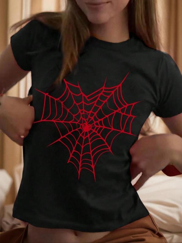 Women's Spider Web Print Round Neck Tee, Trendy Casual Short Sleeve T-shirt for Daily Wear, Ladies Summer Outfit Hoodie,...