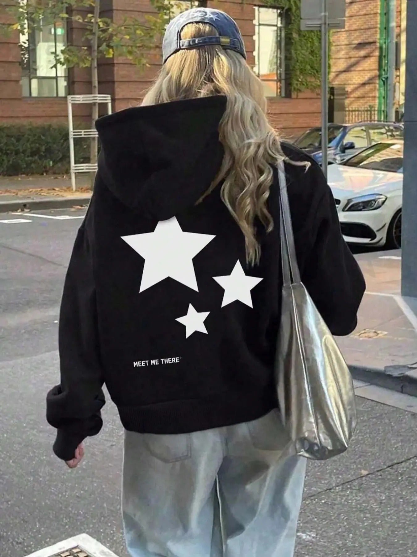 Women's Star & Letter Print Drop Shoulder Hoodie, Fashion Casual Drawstring Kangaroo Pocket Hooded Sweatshirt for Daily...