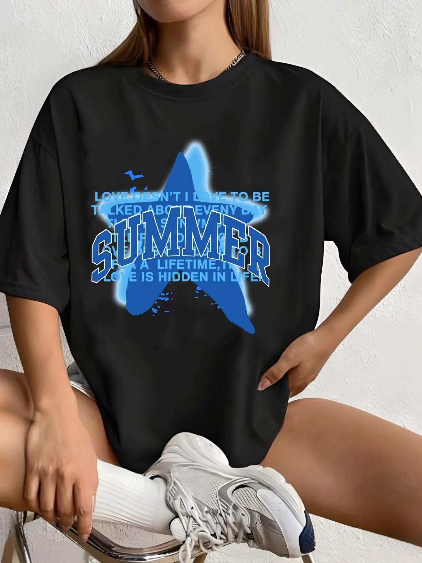 Women's Star & Letter Print Drop Shoulder Tee, Casual Street Half Sleeve Round Neck T-Shirt for Summer, Fashion Women's...