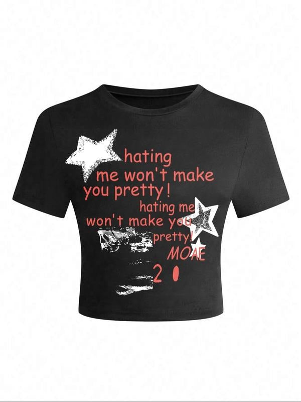 Women's Star & Letter Print Round Neck Crop Tee, Fashion Casual Crew Neck T-Shirt for Daily Holiday Vacation Outdoor...