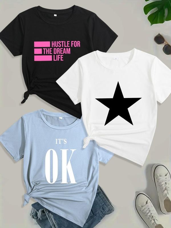 Women's Star & Letter Print Round Neck Tee, Casual Short Sleeve Crew Neck T-shirt for Summer, Fashion Women's Top for...