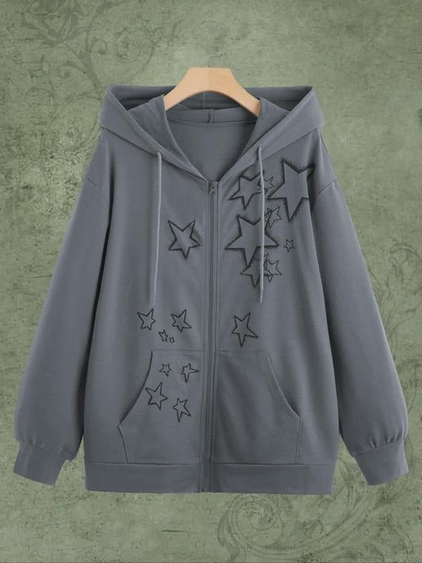 Women's Star Print Drop Shoulder Zip Up Hoodie, Country Outfits, Fashion Casual Drawstring Pocket Hooded Sweatshirt for...
