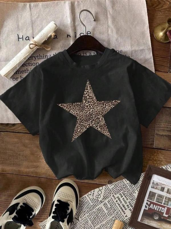 Women's Star Print Round Neck Tee, Fashion Casual Crew Neck T-Shirt for Daily Holiday Vacation Outdoor Wear, Ladies...