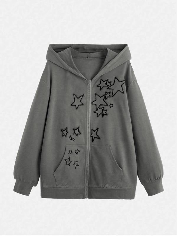 Women's Star Print Zip Up Pocket Design Hoodie, Casual Long Sleeve Drop Shoulder Hooded Sweatshirt for Fall & Winter,...