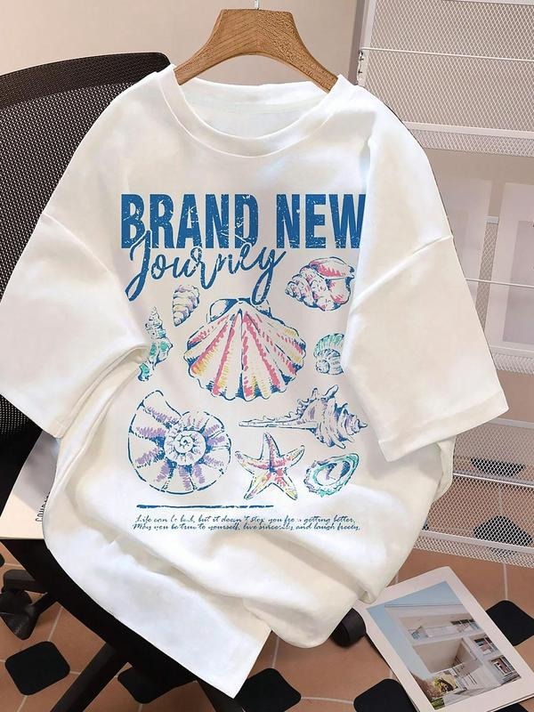 Women's Starfish & Letter Print Round Neck Tee, Casual Short Sleeve Crew Neck T-shirt for Summer, Fashion Women's Top for...