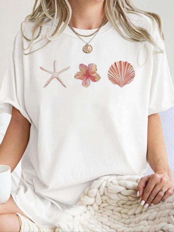 Women's Starfish & Shell Print Round Neck Tee, Casual Short Sleeve Crew Neck T-shirt for Summer, Fashion Women's Top for...