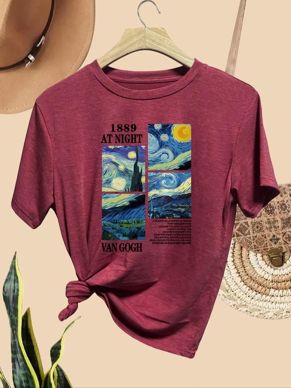 Women's Starry Night & Letter Print Round Neck Tee, Trendy Casual Short Sleeve T-shirt for Daily Wear, Ladies All Seasons...