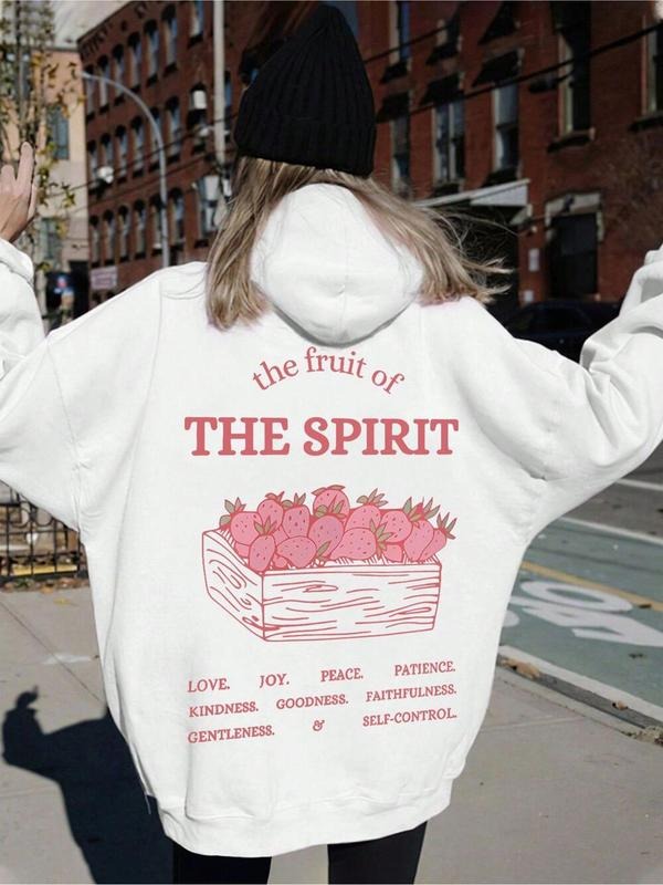 Women's Strawberry & Letter Print Drop Shoulder Hoodie, Fashion Casual Drawstring Pocket Hooded Sweatshirt for Daily...