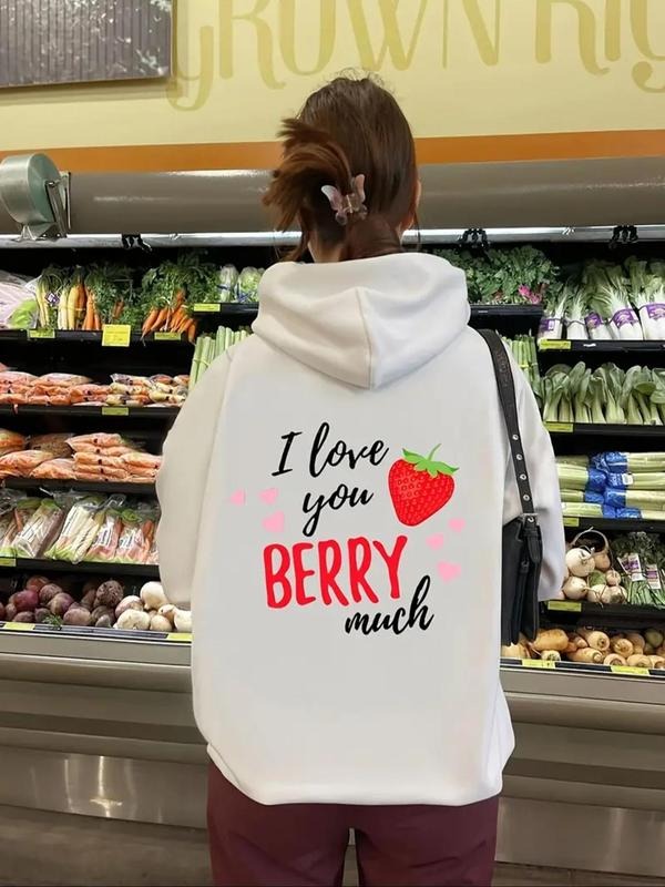 Women's Strawberry & Letter Print Drop Shoulder Hoodie, Fashion Casual Drawstring Pocket Hooded Sweatshirt for Daily...