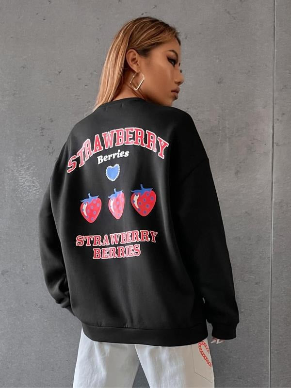 Women's Strawberry & Letter Print Drop Shoulder Sweatshirt, Casual Long Sleeve Round Neck Pullover For Daily Wear, Ladies...