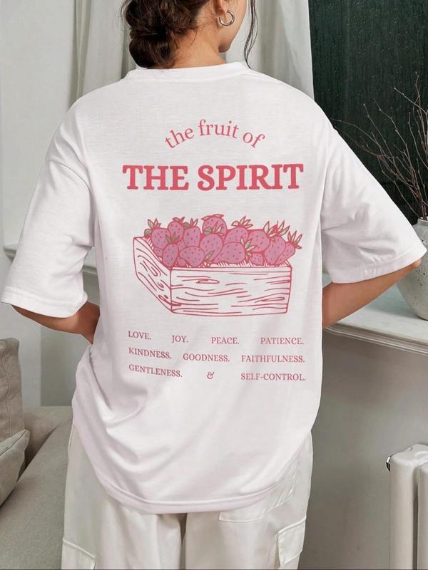 Women's Strawberry & Letter Print Round Neck Tee, Casual Fruit Graphic Short Sleeve T-Shirt for Summer, Women's Top for...