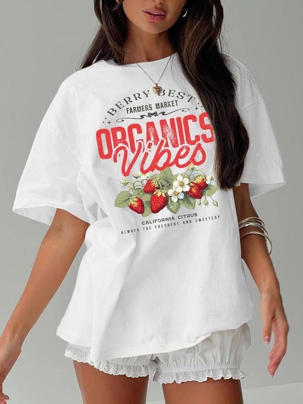 Women's Strawberry & Letter Print Round Neck Tee, Casual Organic Vibes T-shirt for Daily Wear, Ladies Summer Outfit, Top...