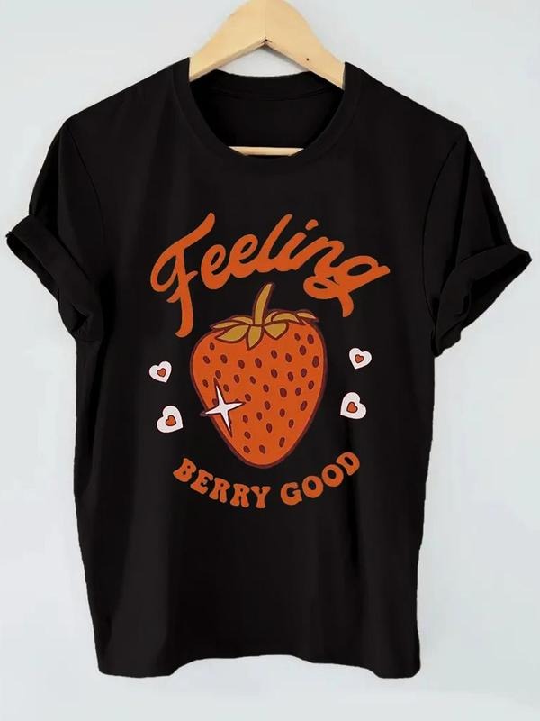 Women's Strawberry & Letter Print Round Neck Tee, Casual Short Sleeve Crew Neck T-Shirt for Fall & Winter, Women's Top...