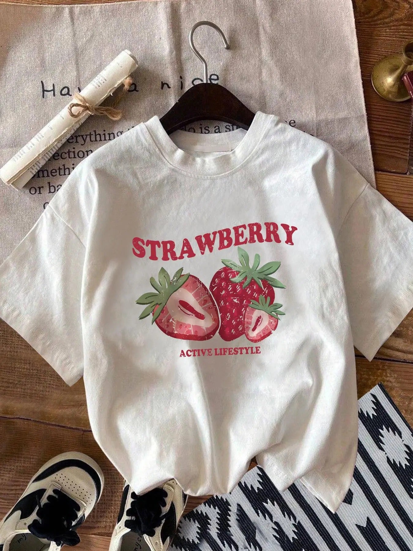 Women's Strawberry & Letter Print Round Neck Tee, Casual Short Sleeve Crew Neck T-shirt for Daily Wear, Ladies Clothes...