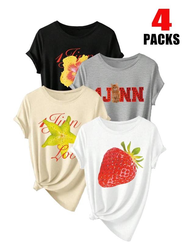 Women's Strawberry & Letter Print Round Neck Tee, Casual Short Sleeve Crew Neck T-shirt for Summer, Fashion Women's Top...