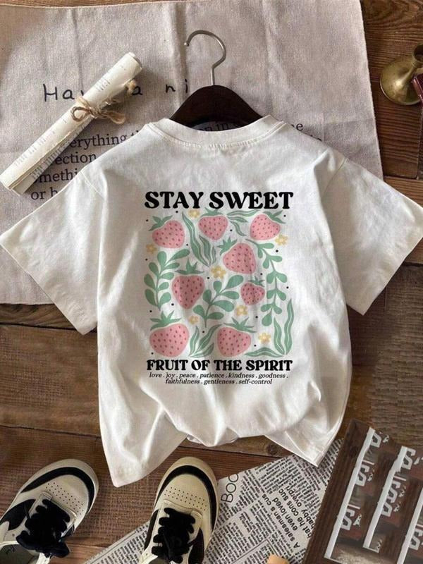 Women's Strawberry & Letter Print Round Neck Tee, Fashion Casual Crew Neck T-Shirt for Daily Holiday Vacation Outdoor...