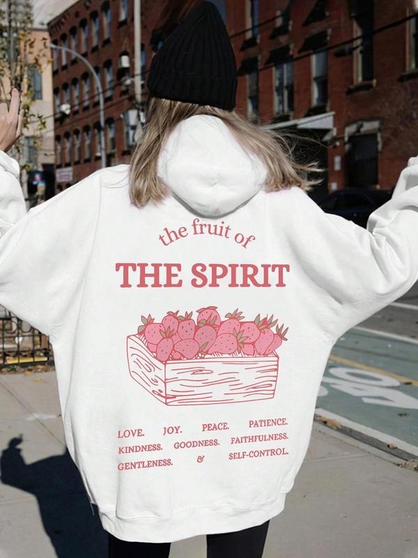 Strawberry & Letter Print Thermal Lined Casual Drawstring Pocket Hooded Daily Outdoor Clothes All Seasons T-Shirts, Hoodie, Sweatshirt