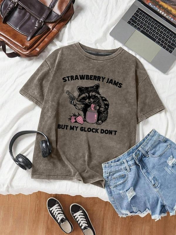 Women's Strawberry Jam & Rabbit Round Neck Graphic Tee, Fashion Casual Letter Short Sleeve T-shirt for Daily Wear, Ladies...