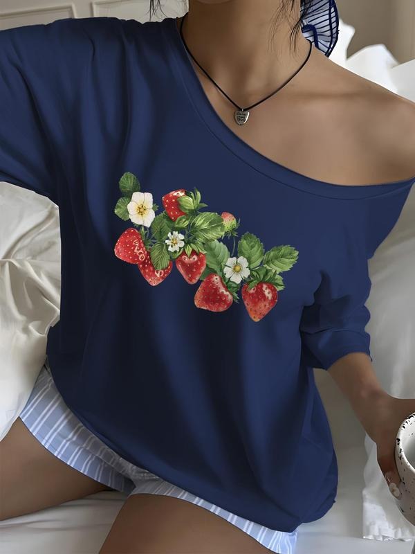 Women's Strawberry Print Asymmetrical Neck Tee, Casual Fashion T-shirt for Daily Holiday Vacation Outdoor Wear, Women...