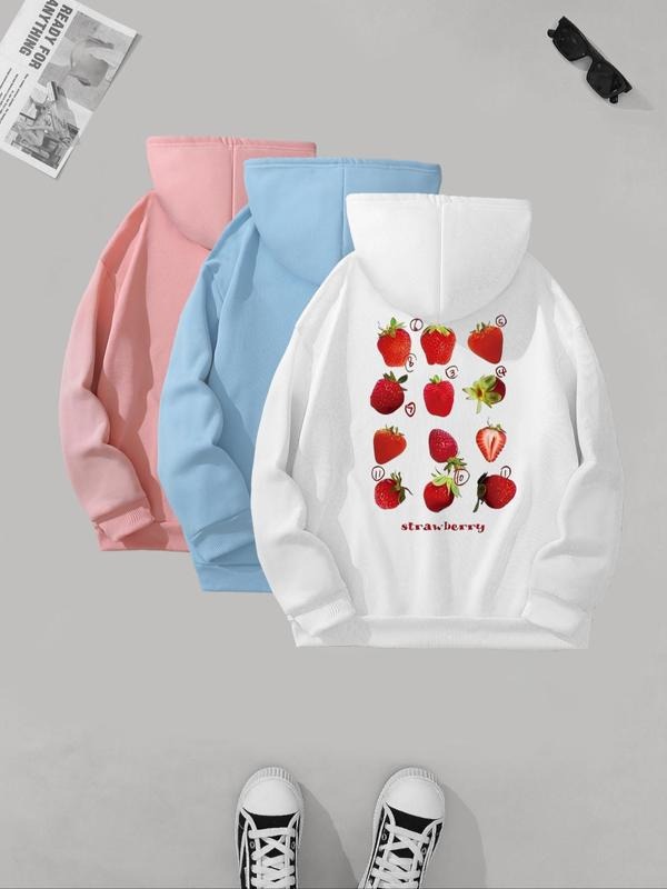 Women's Strawberry Print Drop Shoulder Hoodie, Fashion Casual Drawstring Pocket Hooded Sweatshirt for Daily Holiday...