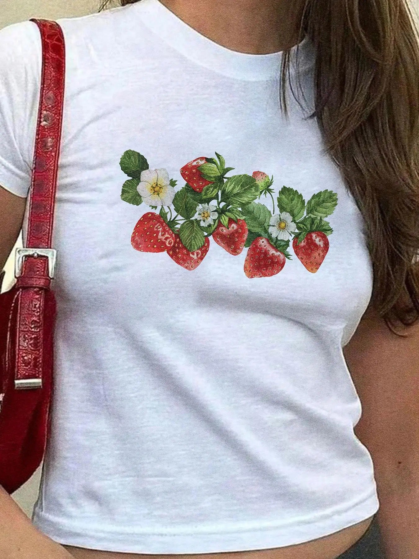 Women's Strawberry Print Round Neck Graphic Tee, Vintage Trendy Casual Short Sleeve T-shirt for Daily Wear, Ladies All...