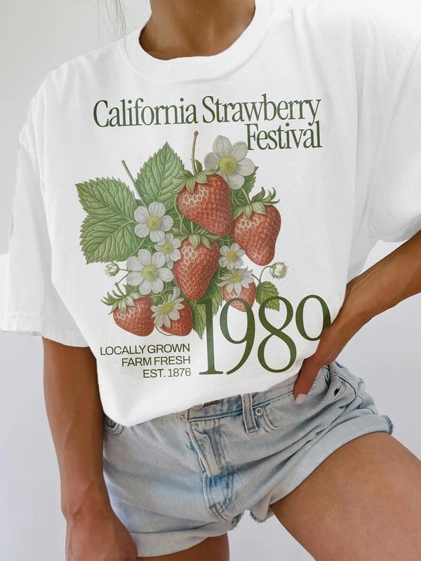 Women's Strawberry Print Round Neck Tee, Casual Short Sleeve Crew Neck T-Shirt for Summer, Fashion Women's Top for Daily...