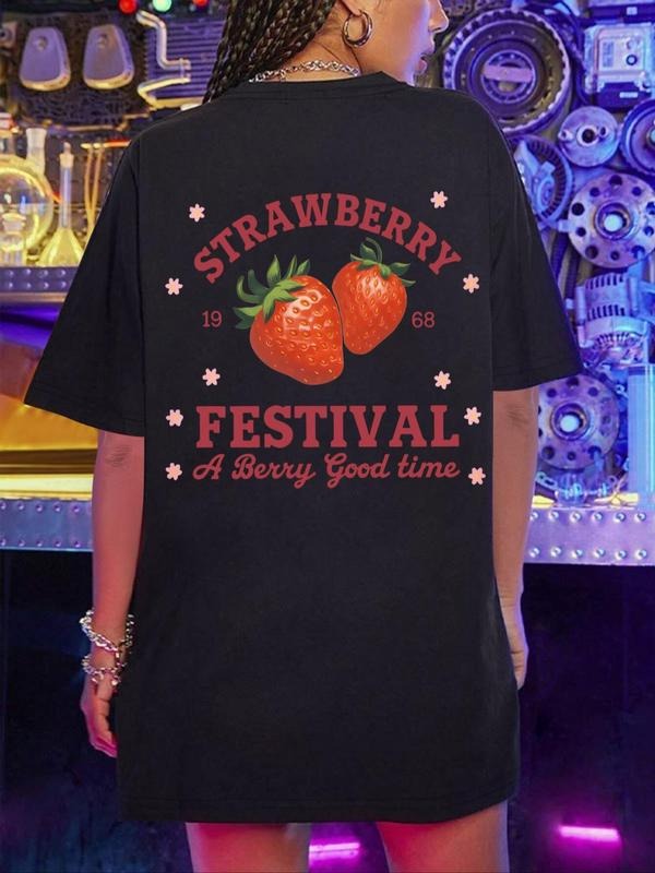 Women's Strawberry Print Round Neck Tee, Casual Short Sleeve Crew Neck T-shirt for Summer, Fashion Women's Top for Daily...