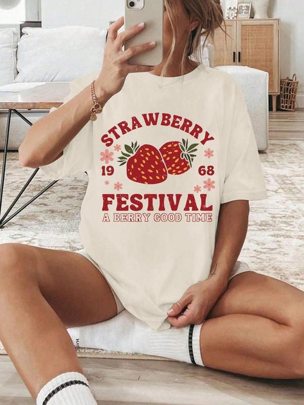 Women's Strawberry Print Round Neck Tee, Casual Short Sleeve Crew Neck T-shirt for Summer, Fashion Women's Top for Daily...