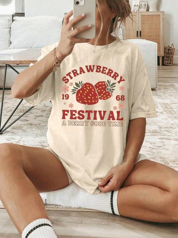 Women's Strawberry Print Round Neck Tee, Casual Short Sleeve Crew Neck T-shirt for Summer, Fashion Women's Top for Daily...