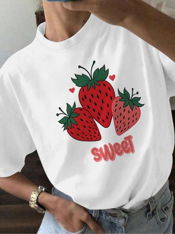 Women's Strawberry Print Round Neck Tee, Fashion Casual Crew Neck T-Shirt for Daily Holiday Vacation Outdoor Wear, Ladies...