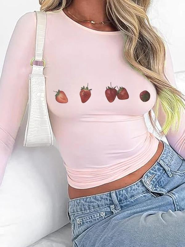 Women's Strawberry Print Round Neck Tee, Y2K Casual Long Sleeve T-Shirt for Daily Outdoor Wear, Women's Top for Spring &...
