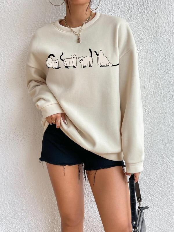Women's Streetwear Cute Cartoon Cat Print Drop Shoulder Crewneck Graphic Sweatshirt, Casual Long-Sleeve Round Neck...