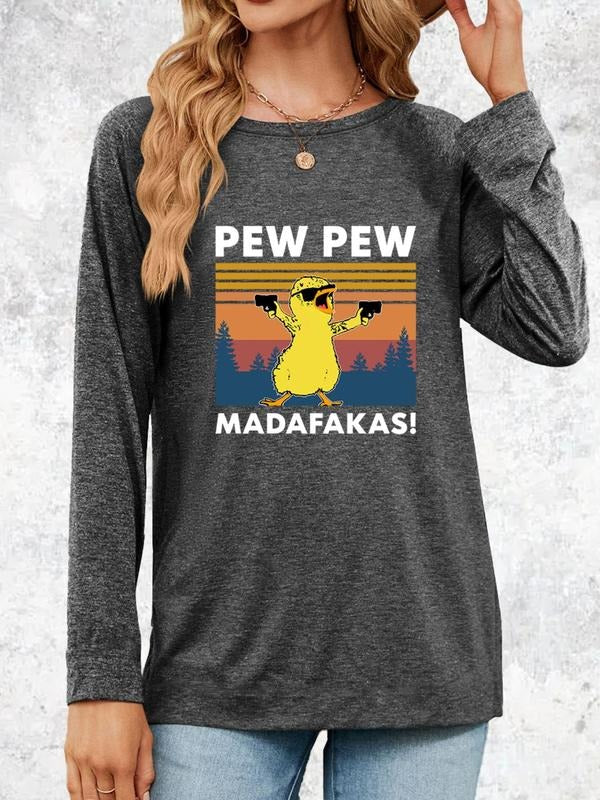 Women's Streetwear Graphic Round Neck Long Sleeve Fitted Tee, Lady Comfort Cartoon Print Crew Neck T-shirt, Casual Comfy...