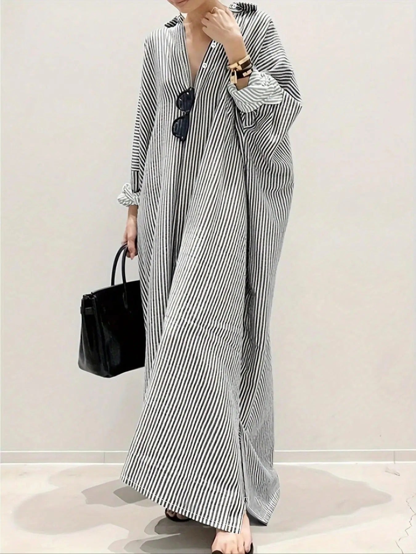 Women's Striped Print Button Front Shirt Dress, Casual Drop Shoulder Long Sleeve Collar Long Dress for Daily Outdoor...