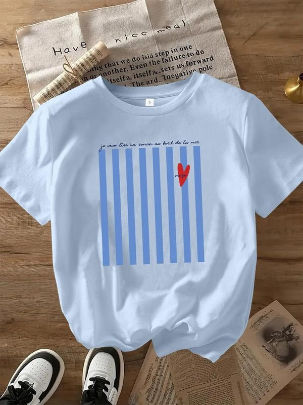 Women's Striped Print Round Neck Tee, Casual Short Sleeve Crew Neck T-shirt for Daily Wear, Ladies Clothes for All...