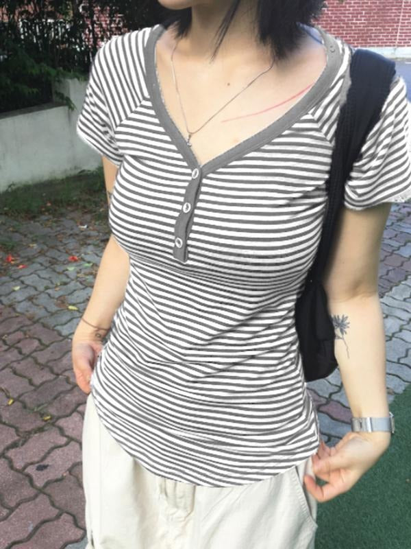 Women's Striped V Neck Button Y2K Basic Tee Short Sleeve Casual Korean Street Style T-Shirt, Versatile Summer Fashion Top...
