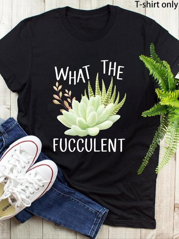 Women's Succulent & Letter Print Round Neck Tee, Casual Short Sleeve Crew Neck T-shirt for Daily Wear, Ladies Clothes for...