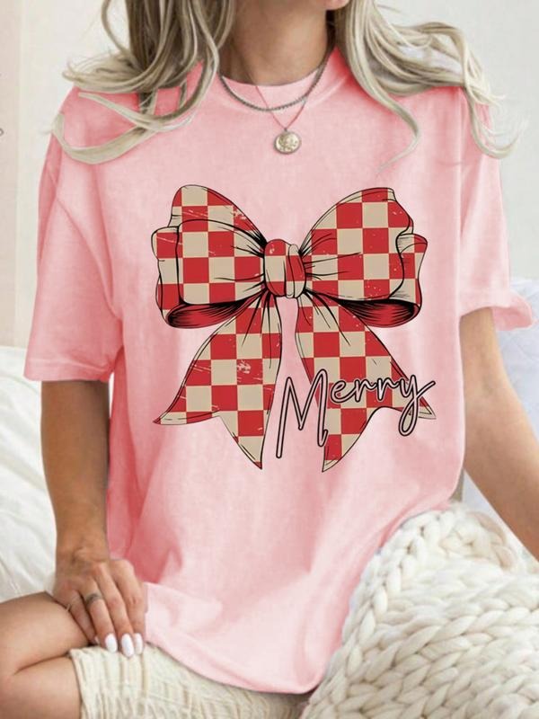 Women's Summer Casual Colorblock Plaid Bow Letter Print T-Shirt, Fashionable Printed Design, Daily Versatile,...