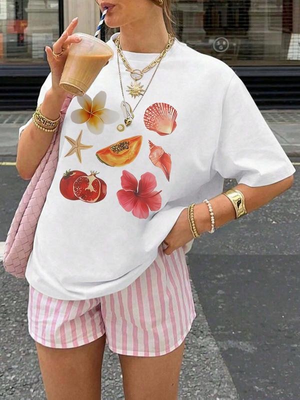 Women's Summer Casual Comfortable Round Neck T-Shirt Top with Fruit & Flower Prints, Loose-Fit Style for Daily Wear...