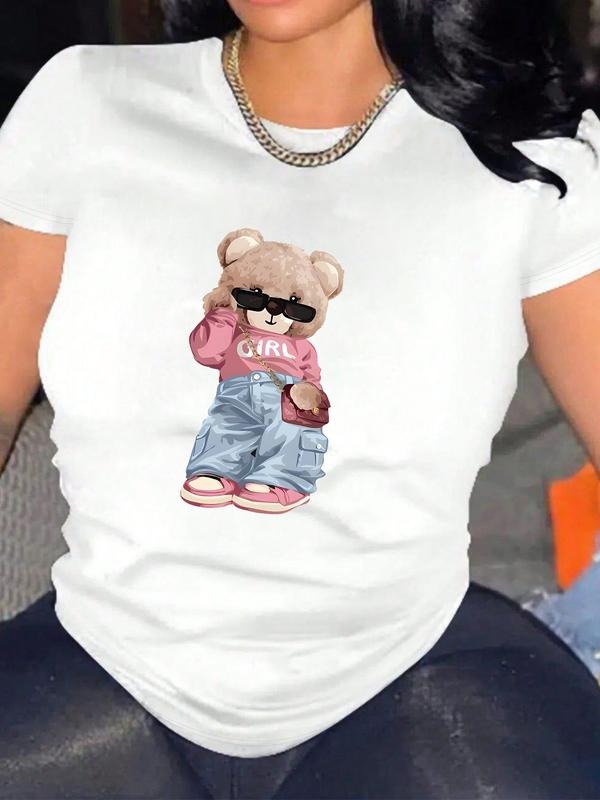 Women's Summer Casual Fitted Round Neck T-Shirt, Bear Print Trendy Top, Comfortable Moderate Fabric, Perfect for Daily...