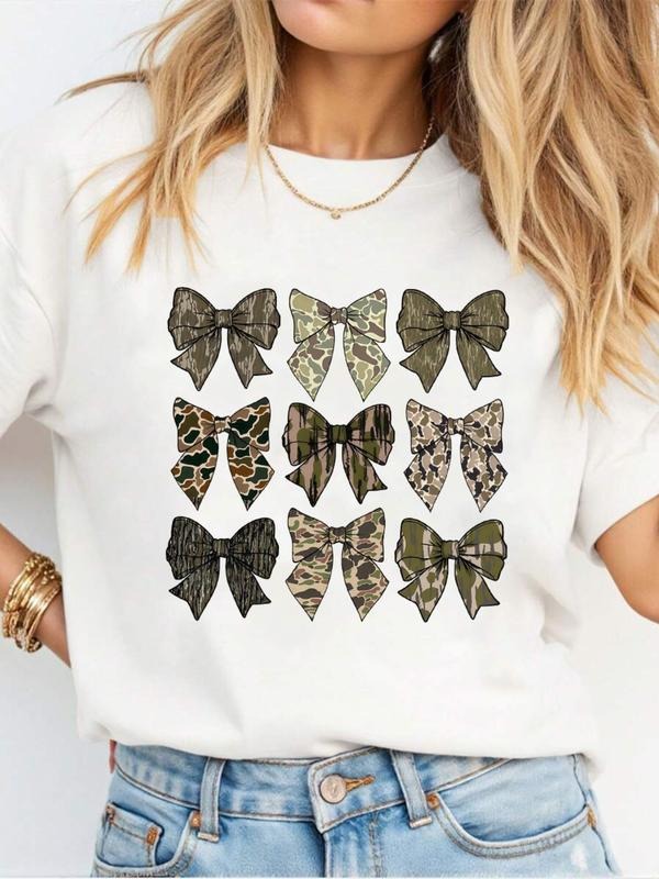 Women's Summer Casual Loose Fit Camo Bowknot T-Shirt, Perfect for Daily Wear, Stylish Butterfly Pattern, Comfortable and...