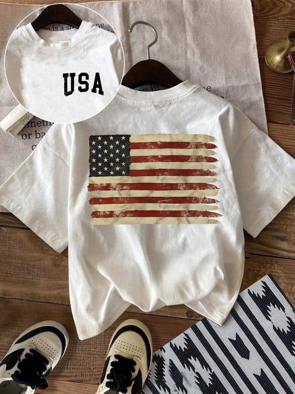 Women's Summer Casual Loose-Fit T-Shirt Top, American Flag & Letter Print, Comfortable Daily Wear, Perfect for Warm...