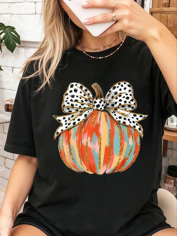 Women's Summer Casual Loose-Fitting T-Shirt, Cute Bow Pumpkin Pattern, Thanksgiving Leaf Design, Moderate Fabric, Perfect...