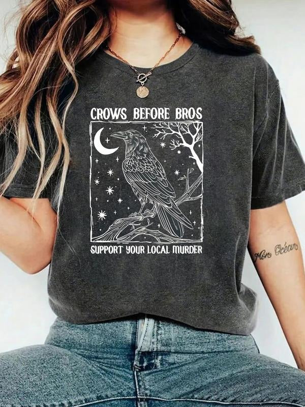 Women's Summer Casual Round Neck T-Shirt with Raven Print, Fitted Style, Moderate Fabric Thickness, Perfect for Daily...