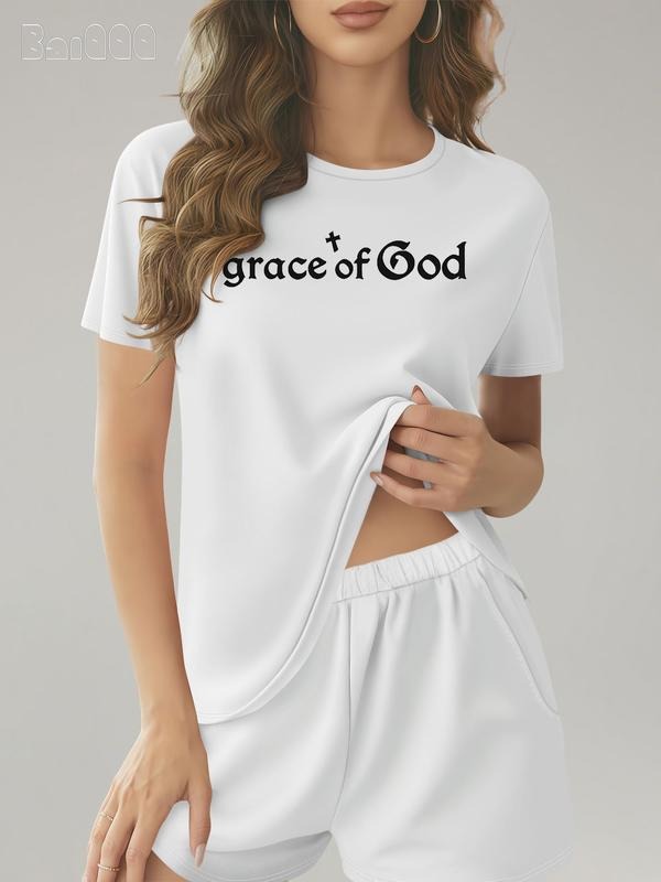 Women's Summer Casual Set, Round Neck Short Sleeve T-Shirt & Shorts, Regular Fit Thin Fabric, Grace of God Letter Design...