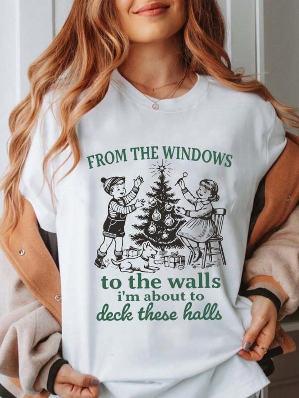 Women's Summer Christmas Print Loose Fit Round Neck Short Sleeve T-Shirt, Casual Letter Pattern, Perfect Christmas Gift...