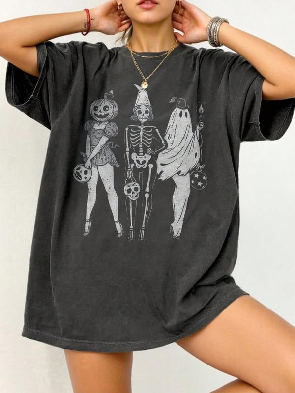 Women's Summer Comfortable Casual Loose-Fit T-Shirt Top, Halloween Pattern Print, Moderate Fabric Thickness, Perfect for...